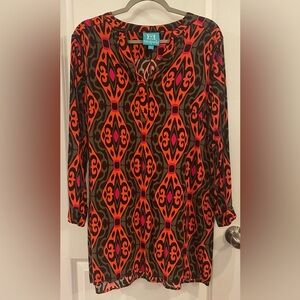 Escapada Living Long Sleeve Dress Sz L Black/Gray/Coral/Pink Roll Tab Sleeves